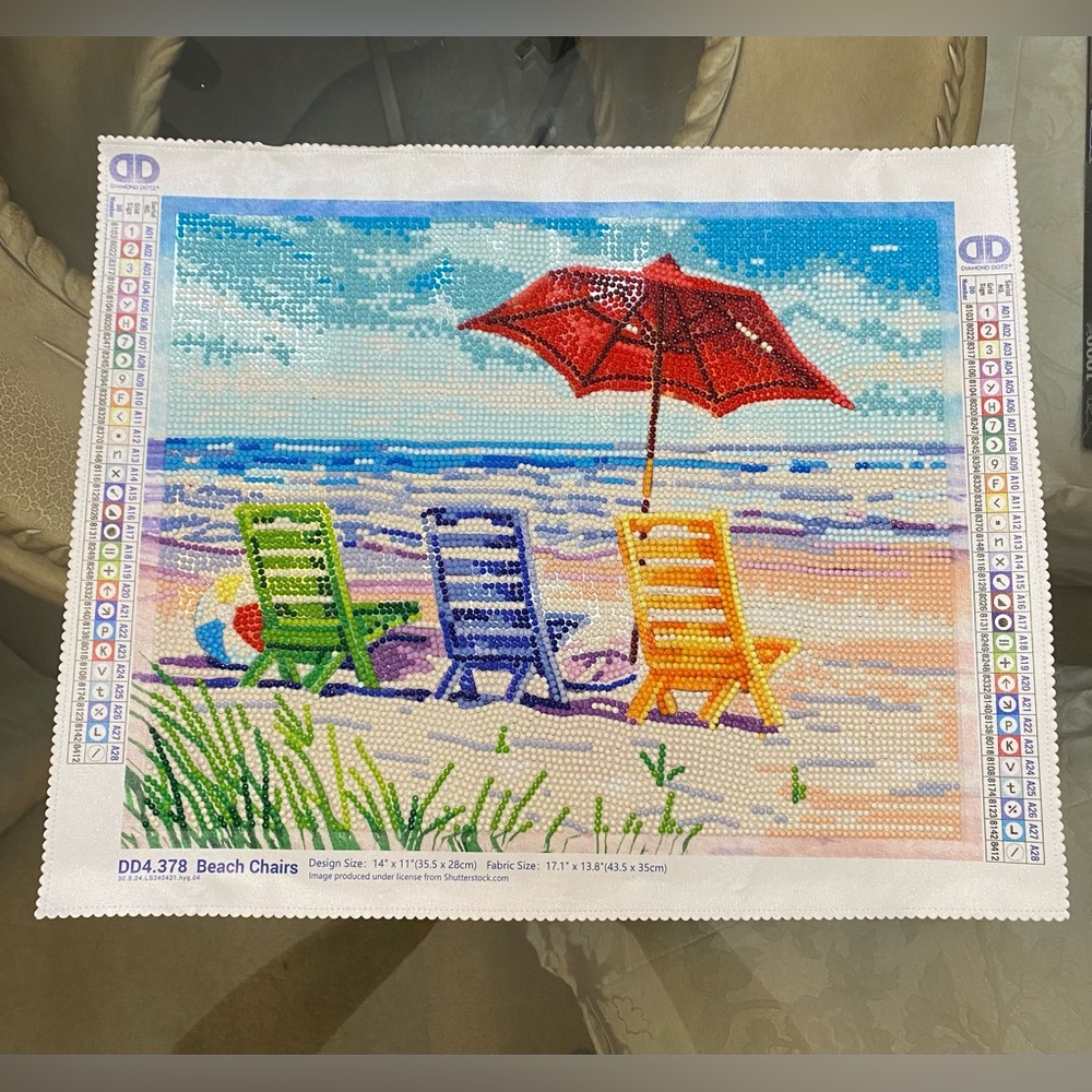 Finished completed "Beach Chairs" diamond painting from the brand DIAMOND DOTZ